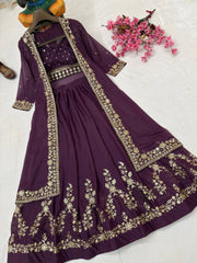 Wine Star Georgette Embroidered Indo-Western Lehenga Set with Designer Shrug