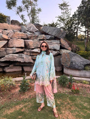 Sky Blue Premium Maslin Cotton Kurti Pant Set with Dupatta | Designer Digital Print Ethnic Suit for Women