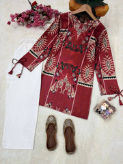 Cherry Red Premium Rayon Cotton Printed Co-Ord Set for Women | Designer Kurti & Plazzo