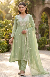 Premium Pure Mul Chanderi Kurti Pant Dupatta Set with Elegant Embroidery Work