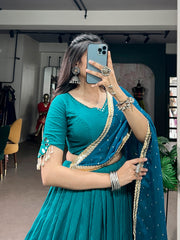 Teal Blue Chanderi Navratri Lehenga Choli Set with Mirror Work & Zari Butti Dupatta