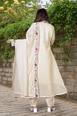 Pink & Ivory Chanderi Silk Embroidered Anarkali Kurta Pant Set with Chanderi Dupatta