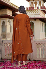 Royal Purple & Rust Orange Chanderi Silk Embroidered Anarkali Kurta Pant Set with Embroidered Organza Dupatta