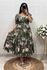 Printed Muslin Cotton Tiered Midi Dress with Puff Sleeves