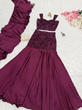 Purple Sequin Embroidered Net Lehenga Skirt Set with Padded Blouse & Crepe Dupatta