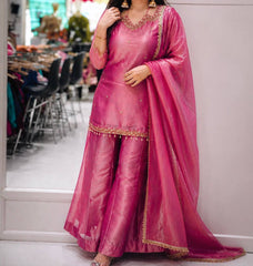 Rani Pink Fandy Silk Kurti Plazzo Set with Dupatta | Designer Embroidered Festive Suit for Women