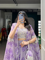 Lavender, Pink, Mustard & Mint Green Georgette Floral Lehenga with Embroidered Cape Dupatta & Batwa | Designer Party Wear Lehenga for Women