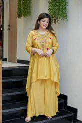 Yellow & Blush Pink French Crepe Embroidered Kurta Palazzo Set