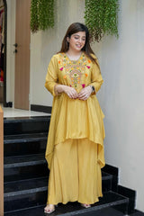 Yellow & Blush Pink French Crepe Embroidered Kurta Palazzo Set
