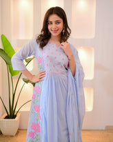 Pastel Yellow & Powder Blue Parampara Silk Embroidered Anarkali Kurta Pant Set with Organza Dupatta