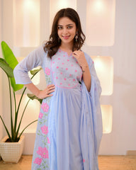Pastel Yellow & Powder Blue Parampara Silk Embroidered Anarkali Kurta Pant Set with Organza Dupatta