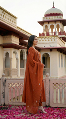 Royal Purple & Rust Orange Chanderi Silk Embroidered Anarkali Kurta Pant Set with Embroidered Organza Dupatta