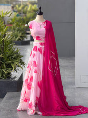 Pink Floral Jimmy Organza Silk Digital Printed Lehenga Set with Fox Georgette Dupatta