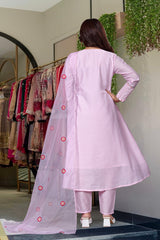 Pastel Pink & Mint Green Chanderi Silk Embroidered Anarkali Kurta Pant Set with Organza Dupatta