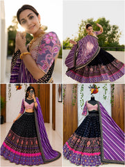 Black Malai Silk Navratri Lehenga Choli with Mirror Work & Printed Dupatta | Designer Garba & Festive Wear Lehenga for Women