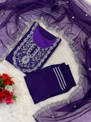 Roman Silk Embroidered Kurta Pant Set with Organza Dupatta | Designer Ethnic Suit Set for Women