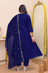 Wine, Sapphire Blue & Ivory White Chanderi Silk Embroidered Anarkali Kurta Pant Set with Embroidered Chanderi Dupatta