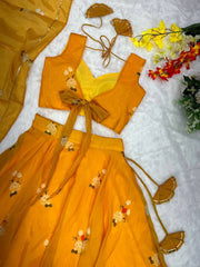 Mustard Yellow Jimmy Organza Silk Digital Printed Lehenga Set with Matching Dupatta