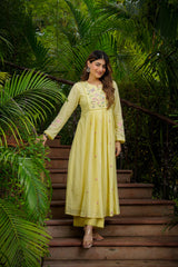 Baby Pink & Pastel Yellow Chanderi Silk Embroidered Anarkali Kurta Pant Set with Chanderi Embroidered Dupatta