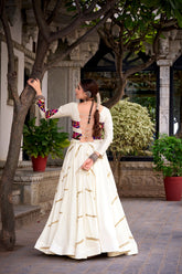 Ivory White Rayon Navratri Lehenga Choli with Mirror Gamthi Work