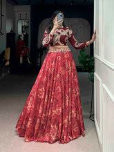 Wine & Emerald Printed Tasar Silk Lehenga with Embroidered Naysha Silk Blouse | Designer Party Wear Lehenga for Women