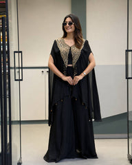 Rooprangi Women's Premium Star Georgette Indo-Western Jacket Palazzo Set | Black