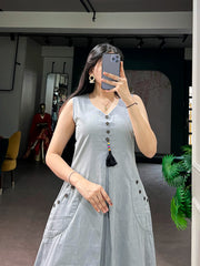 Rooprangi Women's Khadi Cotton A-Line Midi Dress with Wooden Button Detailing