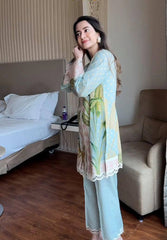 Sky Blue Magic Cotton Digital Print Kurti Pant Set with Georgette Dupatta | Designer Floral Ethnic Suit for Women