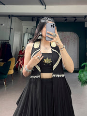 Black Flow Fabric Navratri Lehenga Choli Set with Lotus Handwork & Long Designer Jacket