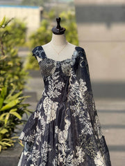 Black & White Floral Printed Designer Lehenga Choli Set with Organza Dupatta