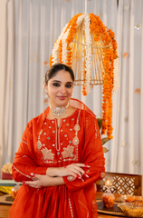 Ruby Red, Burnt Orange & Emerald Green Chanderi Silk Embroidered Anarkali Kurta Pant Set with Organza Dupatta