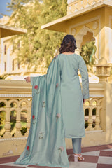Blush Pink & Powder Blue Chanderi Silk Embroidered Kurta Pant Set with Embroidered Chanderi Dupatta
