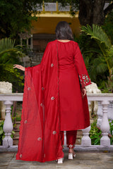 Olive Green & Ruby Red Chanderi Silk Embroidered Anarkali Kurta Pant Set with Organza Dupatta