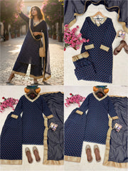 Navy Blue Georgette Printed Kurti Plazzo Set with Dupatta | Designer Festive Ethnic Wear for Women