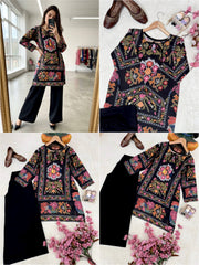Black Magic Cotton Embroidered Co-Ord Set with Crepe Plazzo | Designer Ethnic Kurti Set for Women