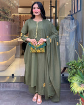 Olive Green Chanderi Silk Embroidered Kurta Pant Set with Chanderi Dupatta | Festive & Party Wear