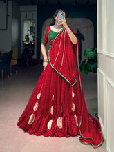 Navratri Special Bandhej Print Satin Chiffon Lehenga Choli with Dola Silk Hotfix Blouse & Dupatta