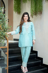 Blush Pink & Aqua Blue Premium Simmar Silk Mirror & Sequence Embroidered Kurta Palazzo Set