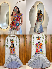 White & Blue Muslin Cotton Navratri Chaniya Choli Set with Gamthi Embroidery & Mirror Work | Designer Garba Lehenga for Women