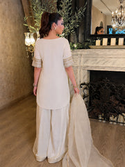 Women's Premium Chinon Embroidered Kurta Palazzo Set with Organza Dupatta | Off White Party Wear Suit