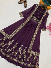Wine Star Georgette Embroidered Indo-Western Lehenga Set with Designer Shrug