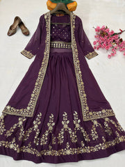 Wine Star Georgette Embroidered Indo-Western Lehenga Set with Designer Shrug