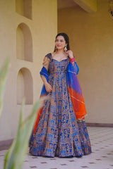 Rooprangi Women's Premium Royal Blue Jimmy Organza Silk Digital Printed Anarkali Gown with Organza Dupatta | Festive & Wedding Wear