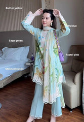 Sky Blue Magic Cotton Digital Print Kurti Pant Set with Georgette Dupatta | Designer Floral Ethnic Suit for Women