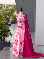 Pink Floral Jimmy Organza Silk Digital Printed Lehenga Set with Fox Georgette Dupatta