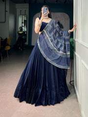 Rooprangi Women's Premium Moonga Silk Lehenga Set with Printed Satin Dupatta | Midnight Blue
