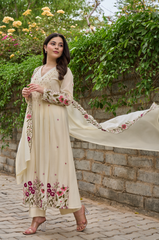 Pink & Ivory Chanderi Silk Embroidered Anarkali Kurta Pant Set with Chanderi Dupatta
