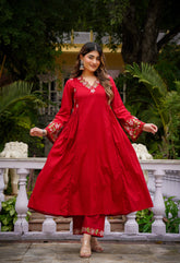 Olive Green & Ruby Red Chanderi Silk Embroidered Anarkali Kurta Pant Set with Organza Dupatta