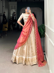 Cream Jacquard Chex Zari Weaving Lehenga with Embroidered Zari Shimmer Dupatta | Traditional Festive & Onam Wear Lehenga for Women