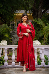 Rooprangi Women's Premium Chanderi Silk Embroidered Kurta Pant Set with Organza Dupatta | Olive Green & Ruby Red